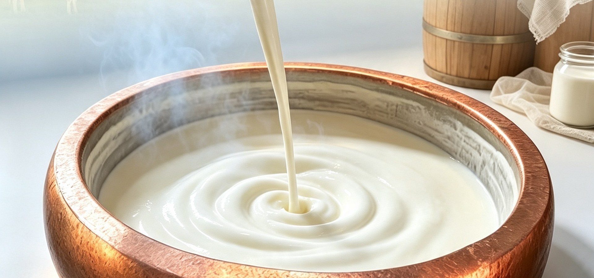 铜锅里新鲜牛乳倾注入锅、泛起漩涡并升起热气，旁侧置木桶与鲜奶瓶，现制酸奶的意象画面