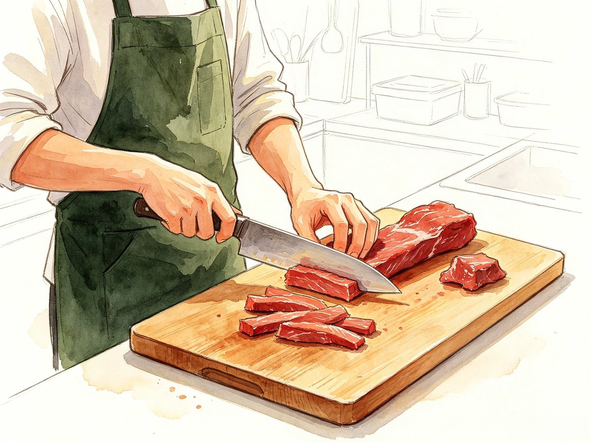 小牛乱逛现烤牛肉干工序，整块新鲜牛肉手工原切成长条