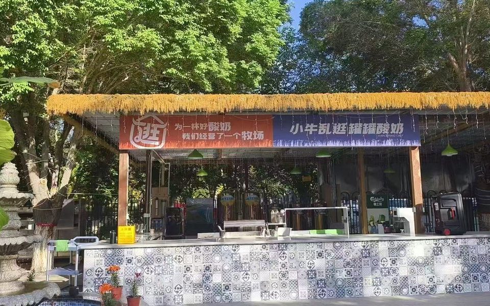 小牛乱逛庭院式市集摊位实拍，茅草檐顶与花砖台面