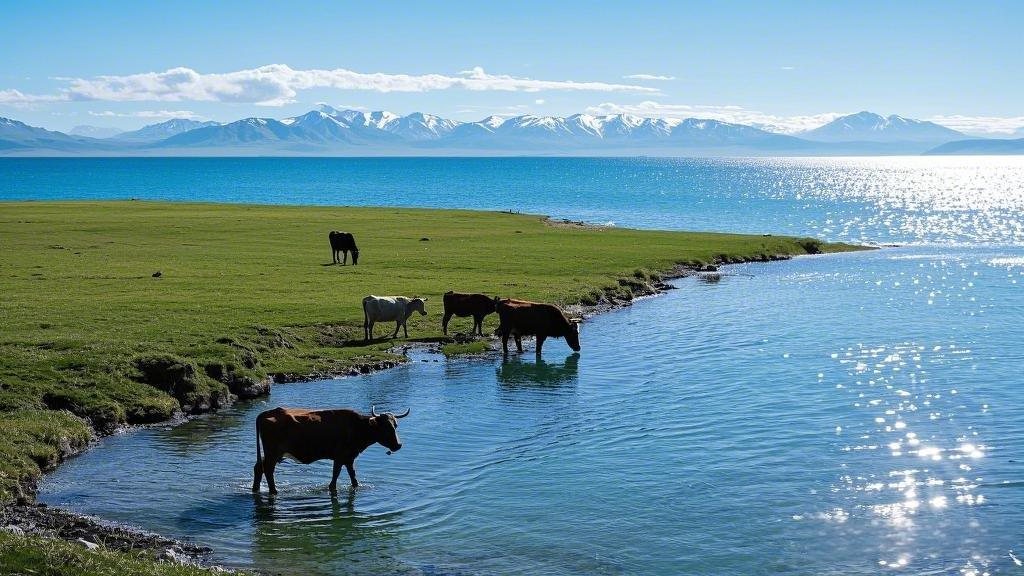 赛里木湖湖畔草地上的牛群，湖水与远处雪山