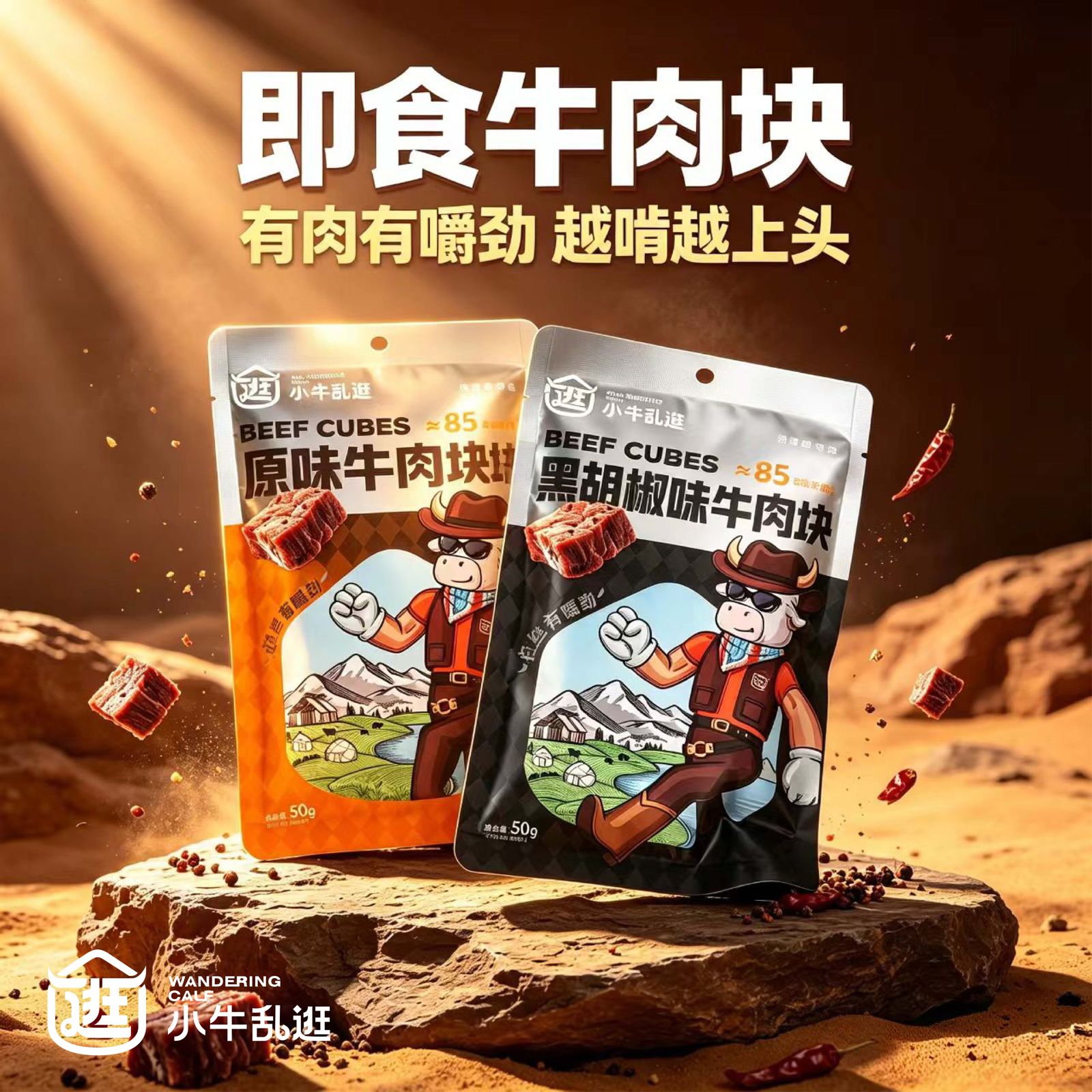 小牛乱逛即食牛肉块：原味与黑胡椒味