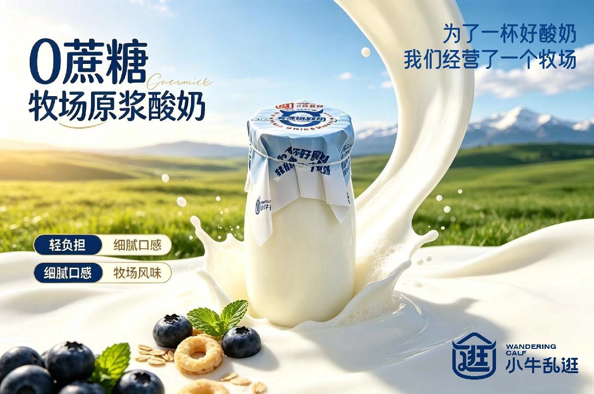 小牛乱逛零蔗糖牧场原浆酸奶，180 克杯装，标签上印着“0蔗糖”