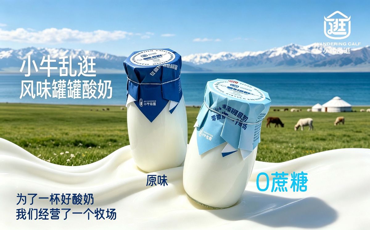小牛乱逛风味罐罐酸奶，原味与零蔗糖两种，背景为赛里木湖草场