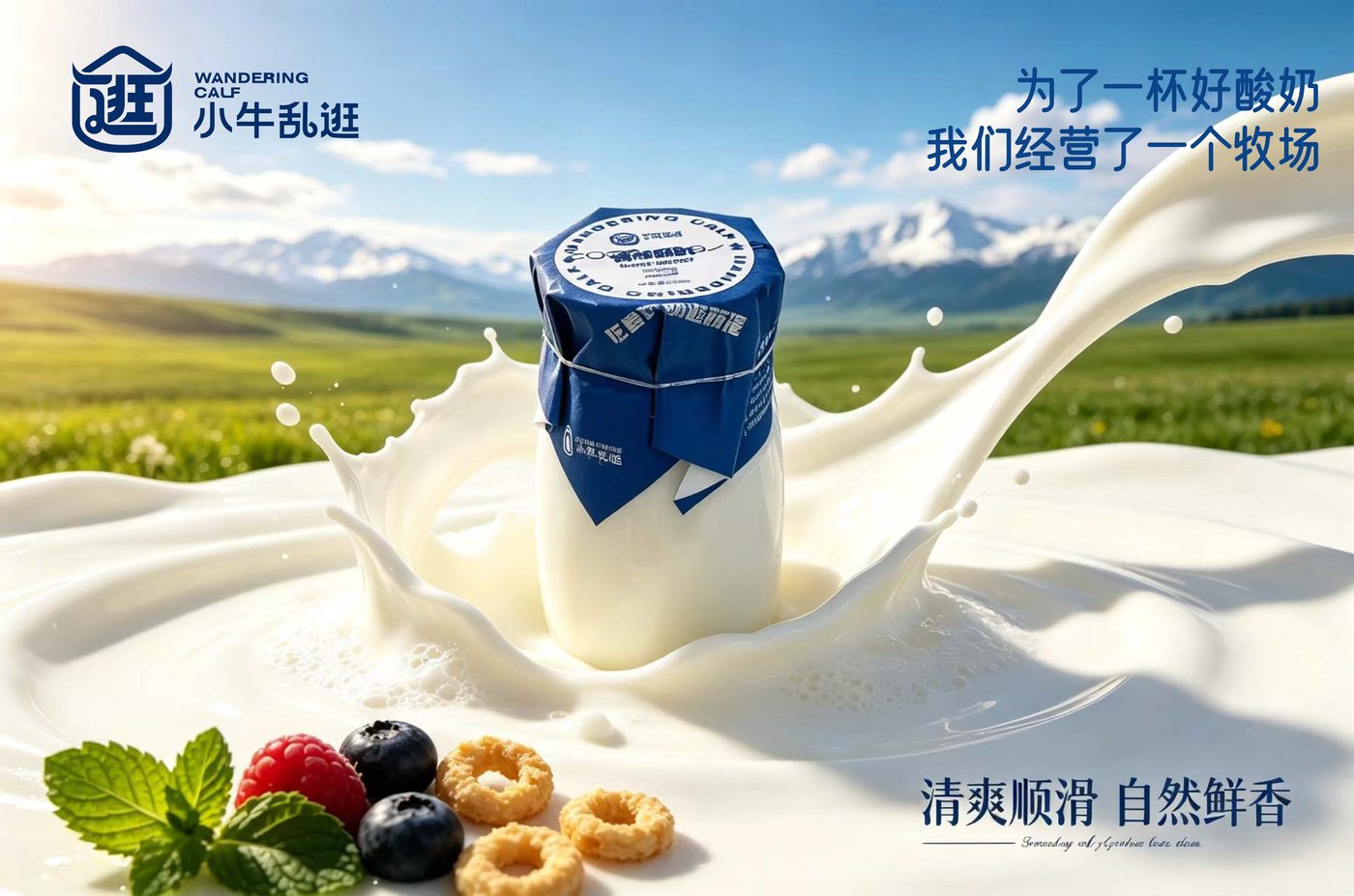 小牛乱逛原味酸奶 180 克，背景为牧场与雪山，图上写「为了一杯好酸奶，我们经营了一个牧场」