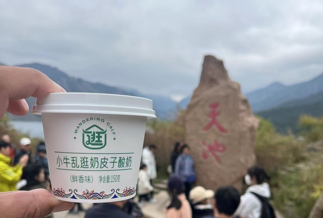 题词石前，一只手举着小牛乱逛奶皮子酸奶。