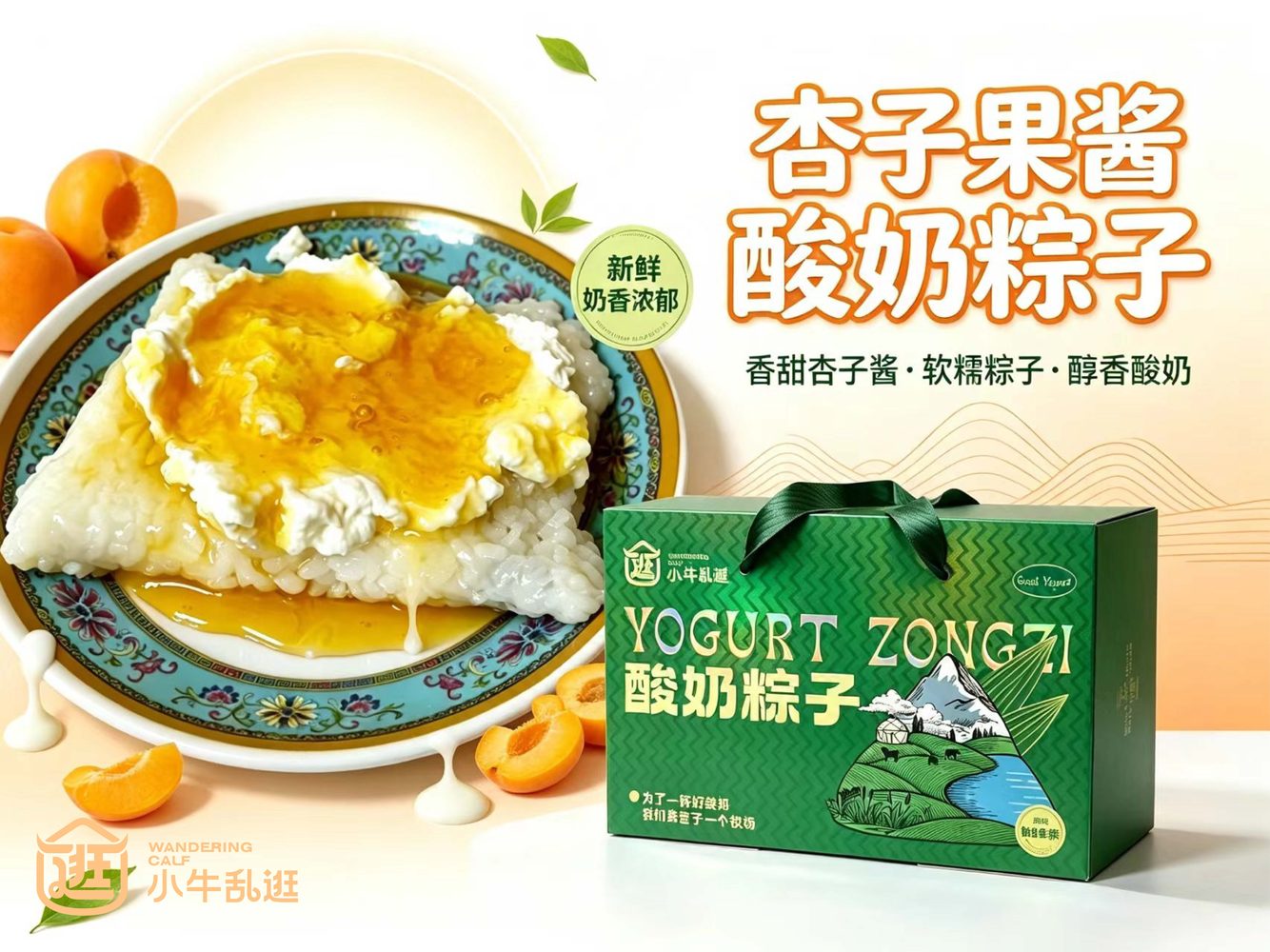 杏子果酱酸奶粽子礼盒，软糯粽子浇上醇香酸奶
